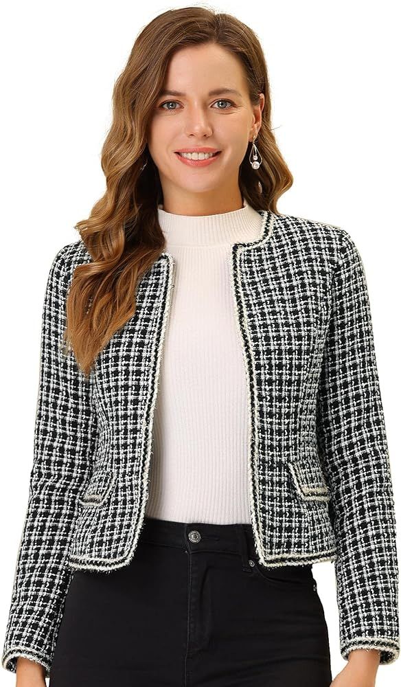 Allegra K Women's Plaid Tweed Blazer Long Sleeve Open Front Work Office Short Jacket | Amazon (US)