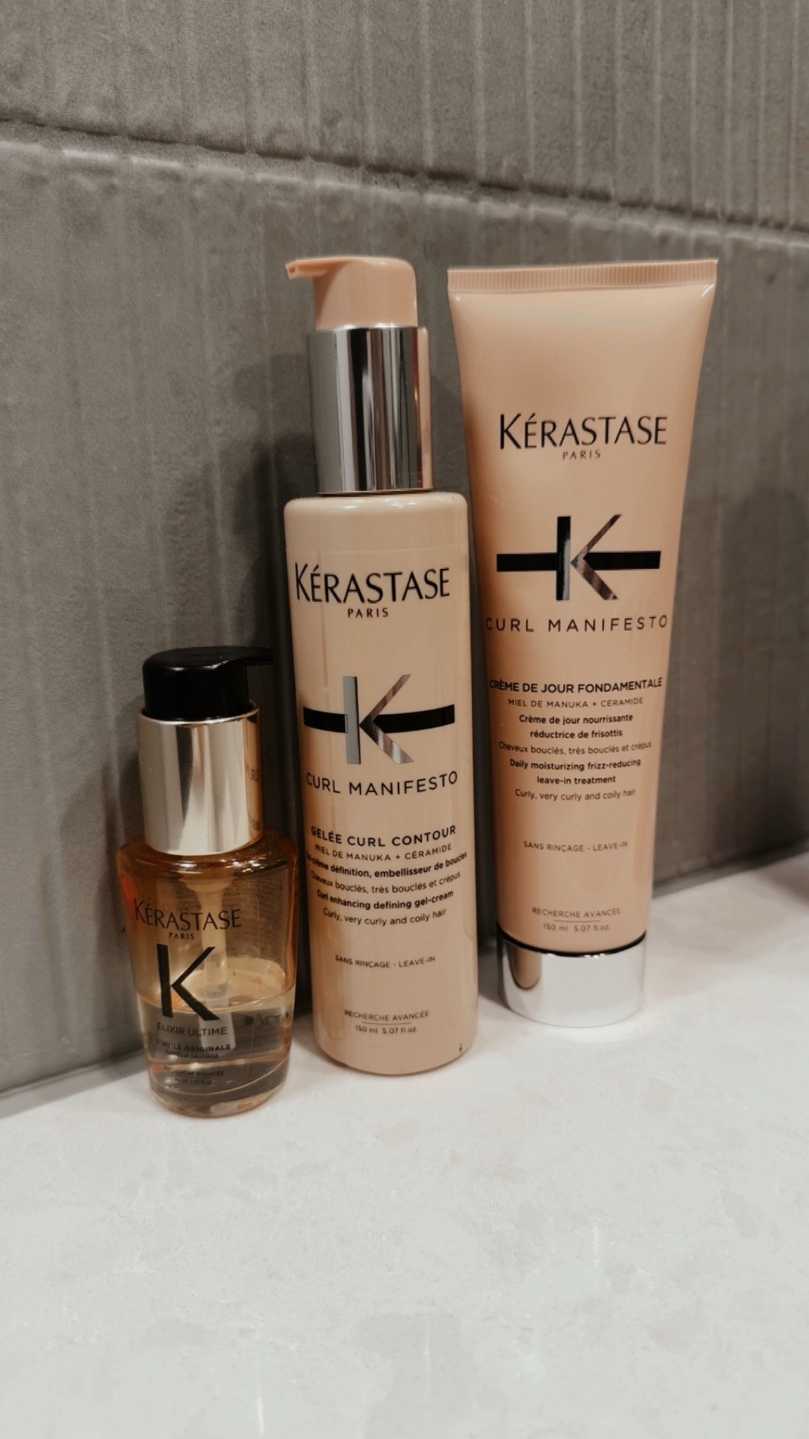 My full Kerastase curl + shine lineup ✨Tthis combo has been my go to for soft, defined, frizz free hair with a glossy finish 🌿 I start with the Curl Manifesto Crème de Jour for hydration, layer in the Gelee Curl Contour for definition and hold, and finish with Elixir Ultime oil for shine and that polished, healthy look ✨ Everything works together to keep curls bouncy, smooth, and touchable all day🤍 kerastase hair routine ✨ | curl manifesto routine | full curl routine | frizz free curls | defined curls routine | curly hair essentials | wavy hair routine | curl cream and gel combo | hair oil shine finish | glossy healthy hair | salon haircare routine | layered curl styling | wash day routine essentials | soft bouncy curls | anti frizz hair routine | hydration curl care | lightweight curl products | smooth defined waves | hair shine serum oil | luxury haircare routine

#LTKmorningroutine #LTKselfcare #LTKBeauty