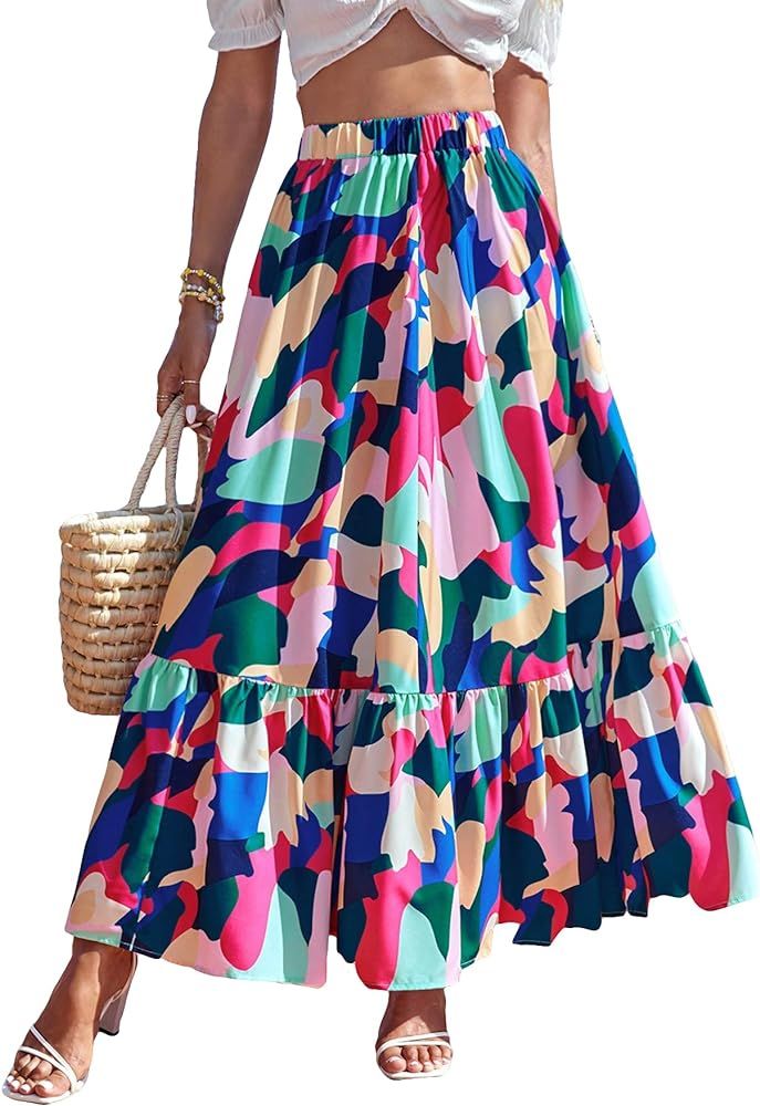 OYOANGLE Women's Boho Geo Print Elastic High Waist Flowy Pleated Maxi Skirt Vacation Skirts | Amazon (US)