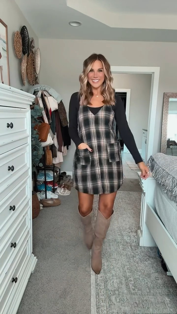 Plaid season is here, and I’m in love! This dress is a must-have for fall and the holidays. Style it with cozy layers, boots and your favorite bag for the cutest look! 

I am 5’6 147 lbs wearing a size small dress, small bodysuit, boots fit true to size. 

#LTKSeasonal #LTKStyleTip
