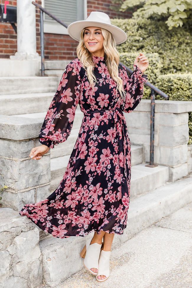 When Seasons Change Black and Pink Floral Midi Dress | Pink Lily