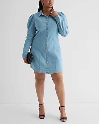 Denim Puff Sleeve Button Front Mini Shirt Dress | Express