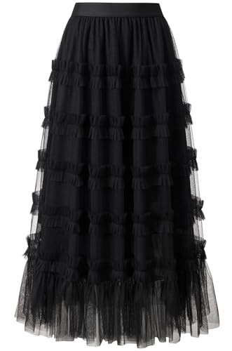 kydely Tulle Skirts for Women Long Pleated Flowy Mesh Ruffle High Elastic Waist Tiered A Line Maxi Skirt Black Large | Amazon (US)
