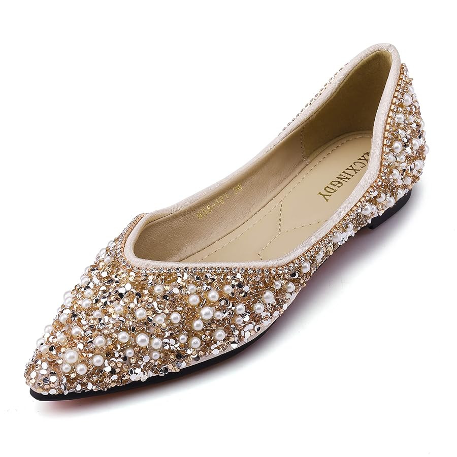 Women's Rhinestone Flats Fashion Pointed Toe Pearl Diamond Low Heel Dress Wedding Flats Work Busi... | Amazon (US)