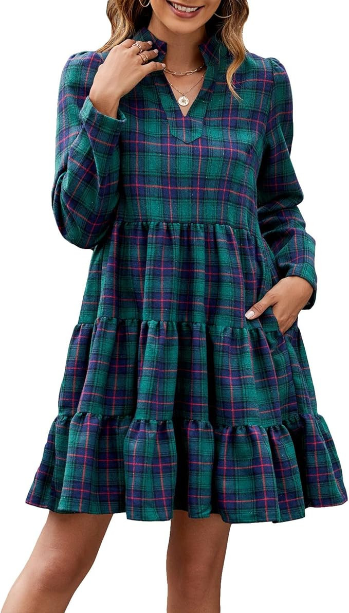 Women's Plaid Print Tunic Dress Long Sleeve V Neck Loose Shirt Dress Ruffle Hem Casual Swing Baby... | Amazon (US)