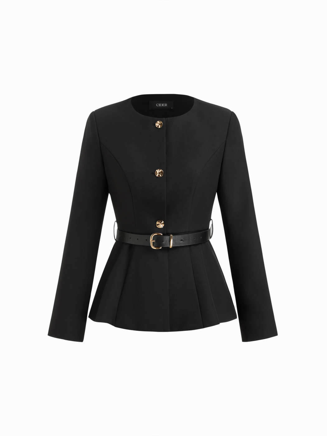 Gewebt Rundhals-Blazer mit Metallknöpfen, Plissee und Gürtel For Arbeit | Cider