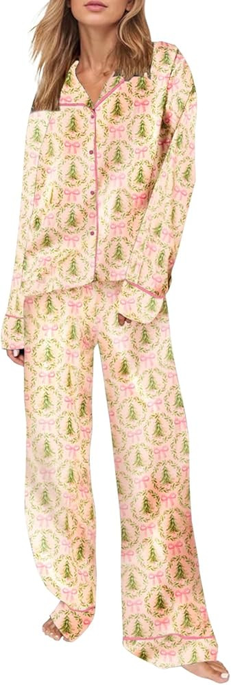Womens Silk Satin Pajama Set Y2k Christmas Nutcracker Long Sleeve Shirt Tops and Wide Leg Pants S... | Amazon (US)