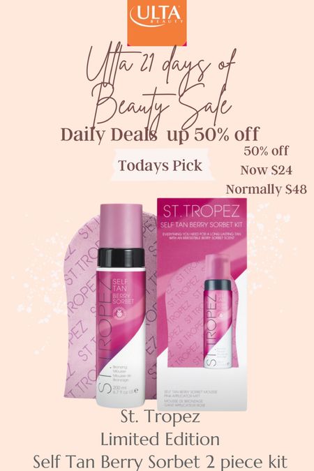 Sale 🚨 alert 
50% off

Ulta 21 day of Beauty

My pick for TODAY 
St Tropez self Tan berry Sorbet 
2 piece kit 

Limited Edition 
Great self tanner and this is a great price
Now $24 normally $48 



#LTKsalealert #LTKbeauty