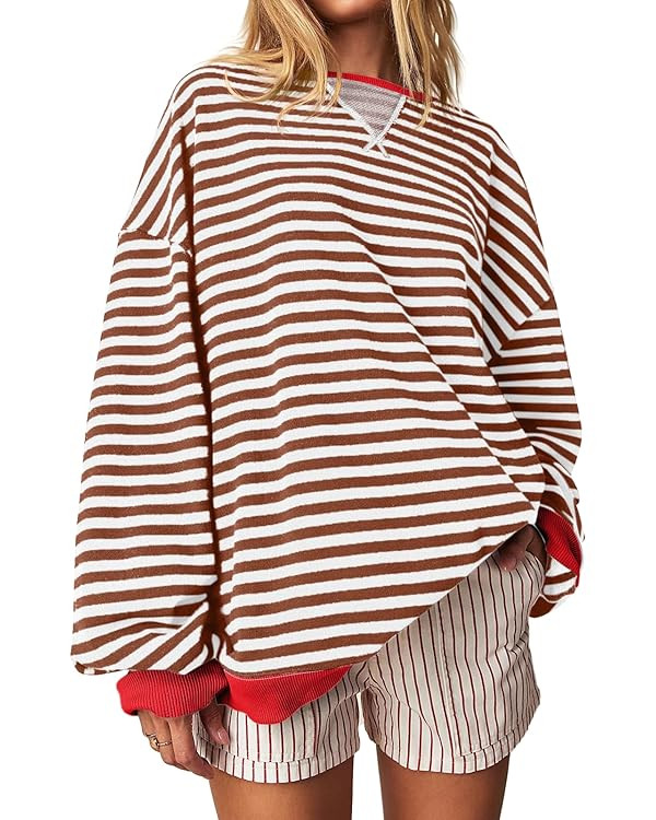 Fisoew Womens Striped Oversized Sweatshirt Color Block Crew Neck Long Sleeve Shirt Casual Loose P... | Amazon (US)