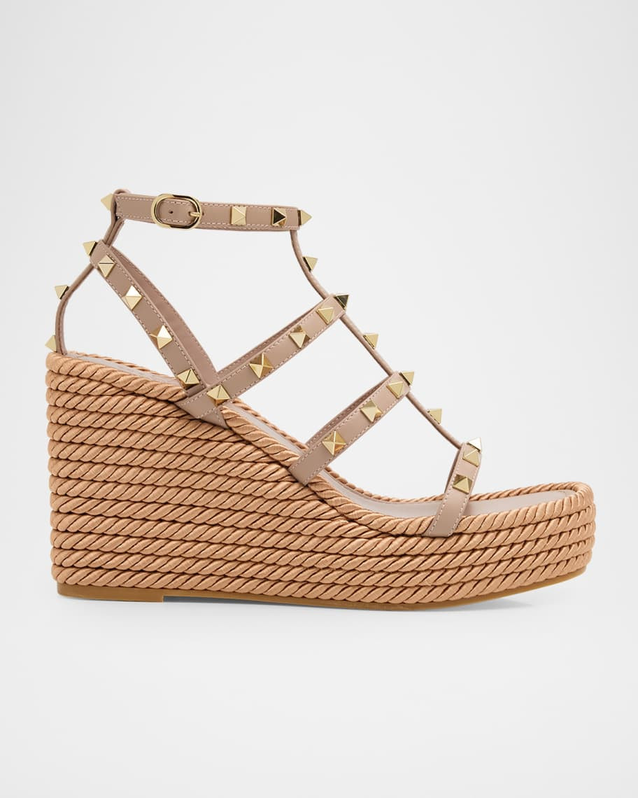 95mm Rockstud Leather Wedge Espadrille Sandals | Neiman Marcus