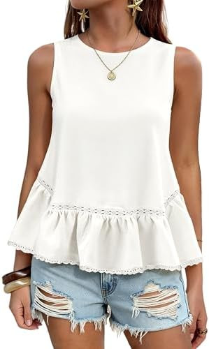 Womens Summer Peplum Babydoll Tank Tops Sleeveless Ruffle Lace Trim Blouse Shirt 2026 Trendy Vaca... | Amazon (US)