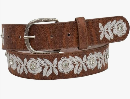 Angel Ranch Womens Leather Brown Belt White Floral Embroidery & Rhinestones, M | eBay US