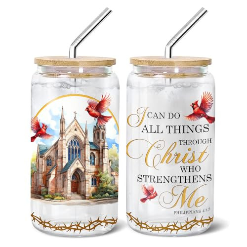 9BUTERFLY Christian Gifts, Glass Cup Tumbler 16 Oz With Lid And Straw, Red Frosted Glass Cup Yellow Glass Can Tumbler Christian Coffee Glass Mug Red Decorations Glass Cup, Faith Christ | Amazon (US)