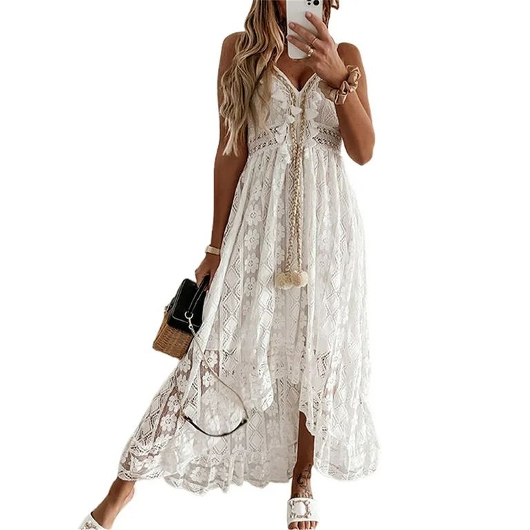 Women's Maxi Dress Lace Dresses Boho Tassel V-Neck Flare Ruffle Straps Beach Summer Long Dress - ... | Walmart (US)