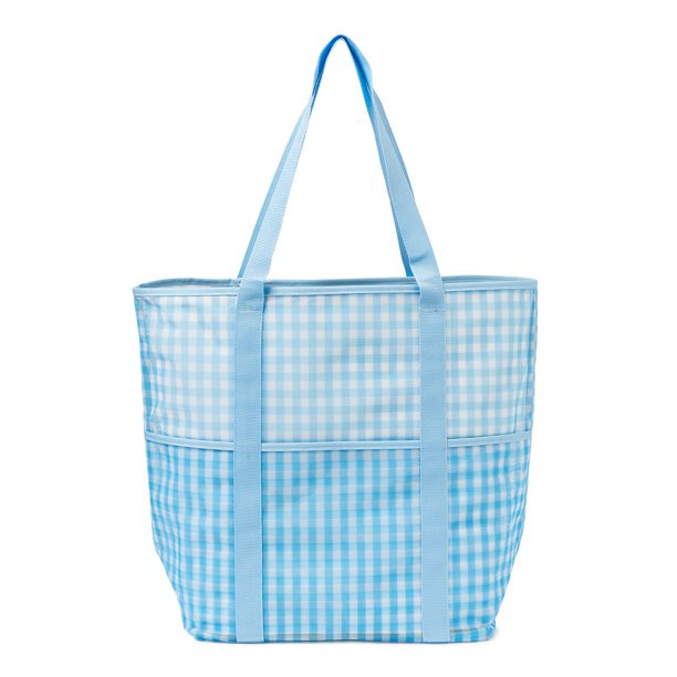 Time and Tru Women's Mesh Beach Tote Bag Gingham Blue Yonder | Walmart (US)