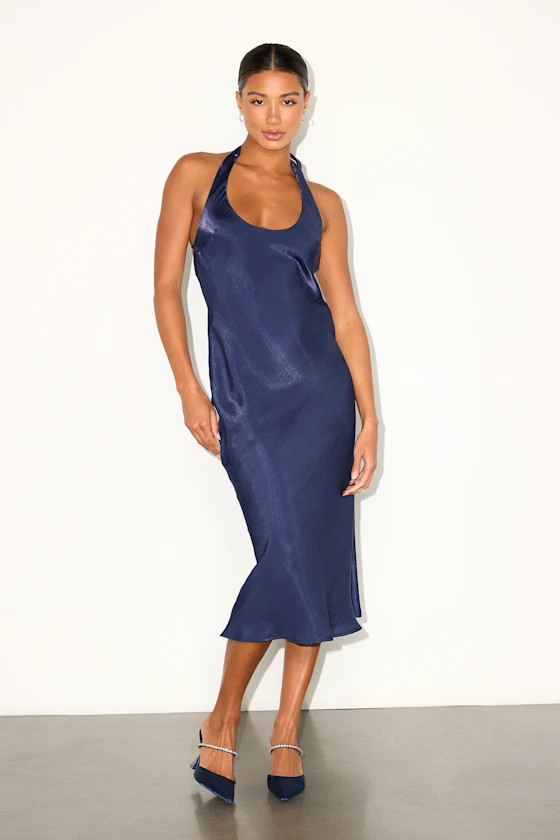 Olandria Navy Blue Halter Midi Slip Dress | lulus Wedding guest dress | lulus dress | Lulus