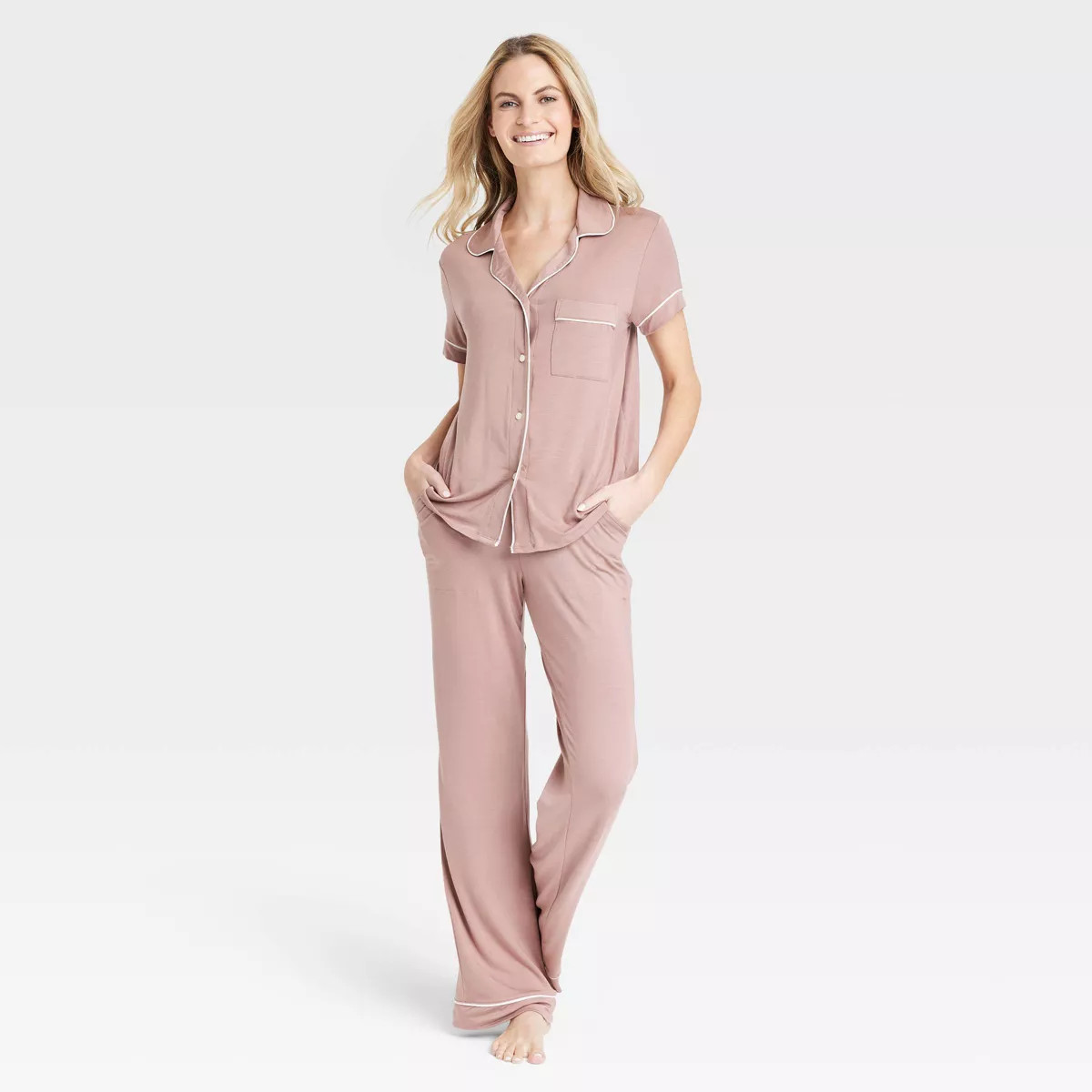Women's Beautifully Soft Short Sleeve Notch Collar Top and Pants Pajama Set - Stars Above™ | Target