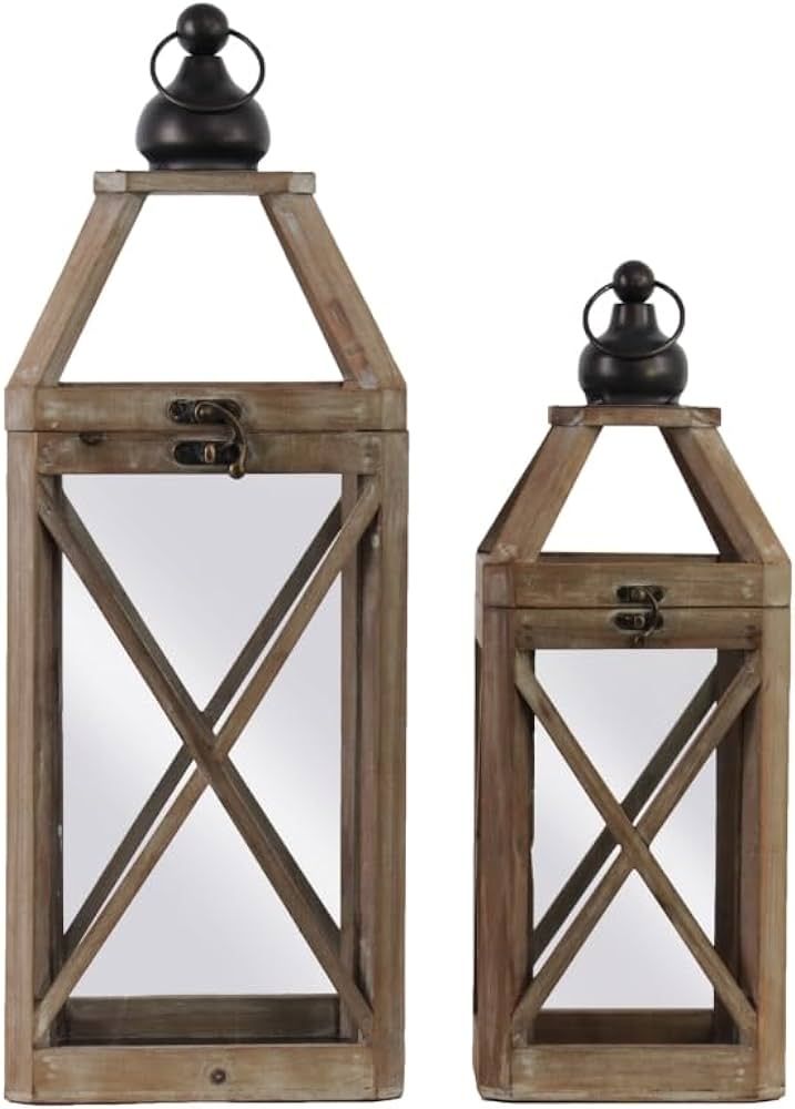 Wood Square Lantern with Ring Handle & Cross Design Body Natural Finish Brown - Set of 2 | Amazon (US)