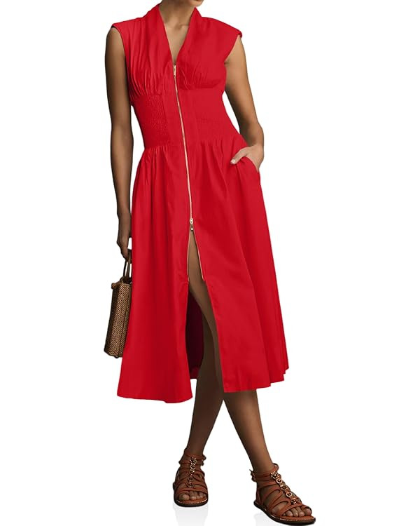 Wenrine Womens Summer Smocked Midi Dress Casual Zipper V Neck Cap Sleeve High Slit Flowy Long Dre... | Amazon (US)