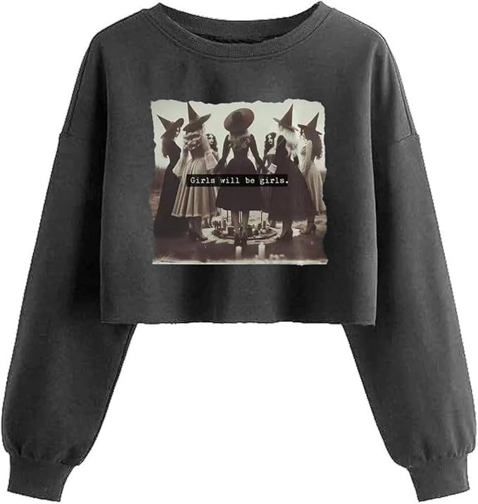 Women's Witch Crop Sweatshirt Fall Halloween Vintage Graphic Lantern Long Sleeve Pullover Spooky ... | Amazon (US)