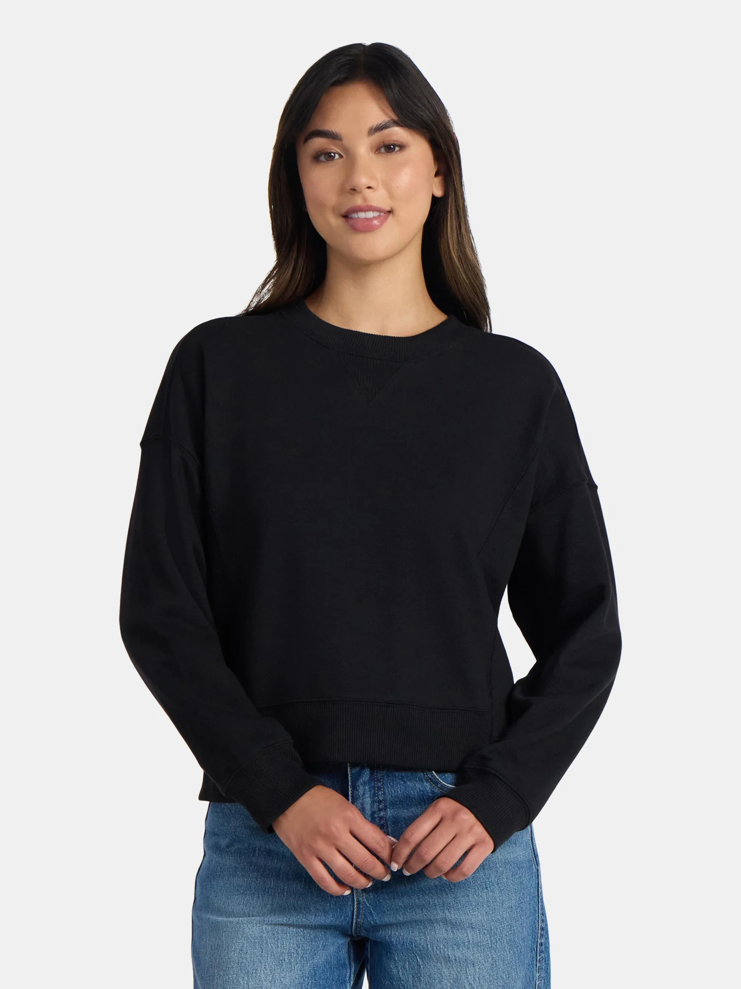 Time and Tru Women’s Ribbed Panel Sweatshirt with Long Sleeves, Sizes XS-XXXL | Walmart (US)
