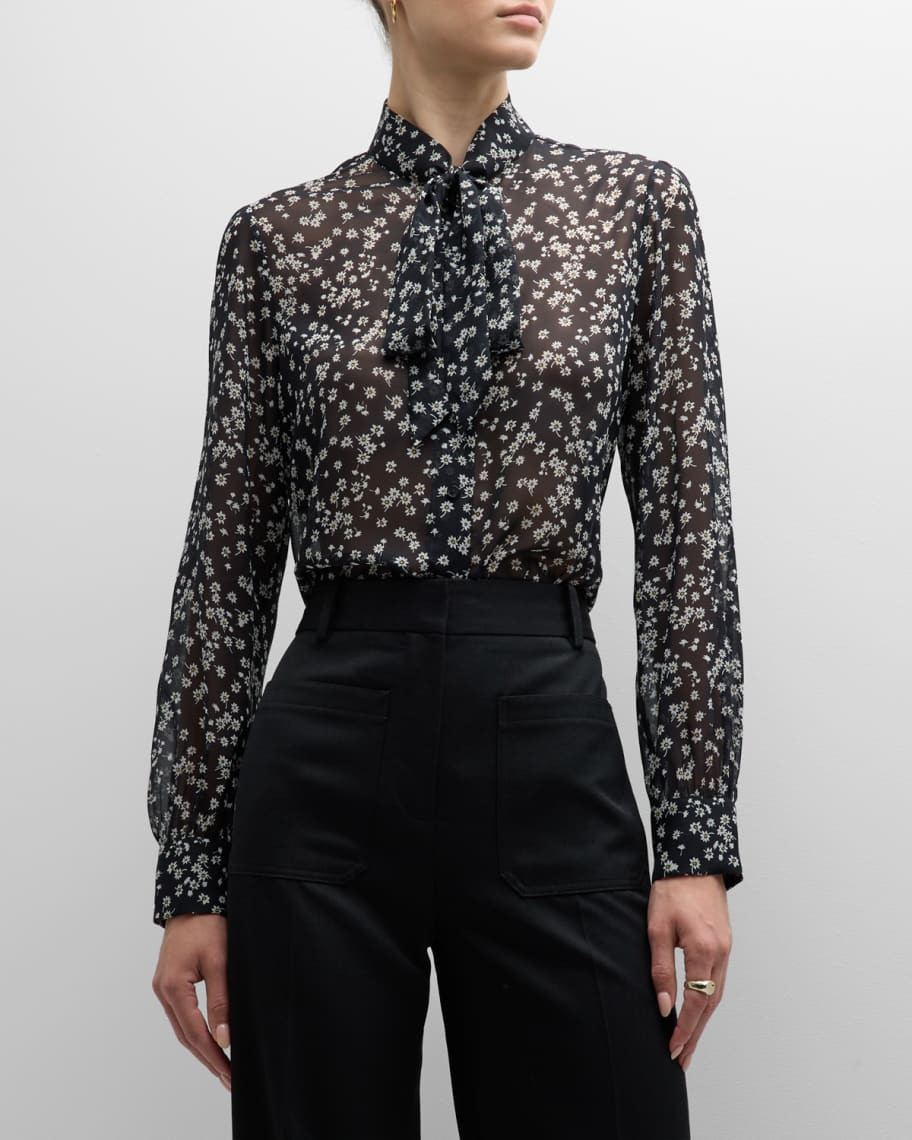Nili Lotan Carina Floral Silk Long-Sleeve Tie-Neck Blouse | Neiman Marcus