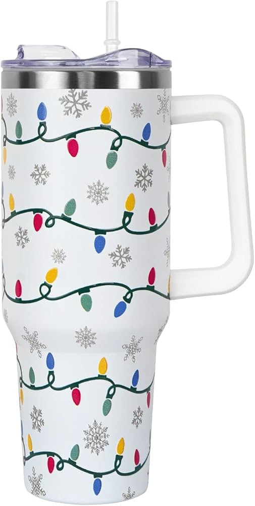 Christmas Tumbler with Handle and Straw Lid 40 oz,Cute Christmas Gifts for Women Xmas Lights Snow... | Amazon (US)