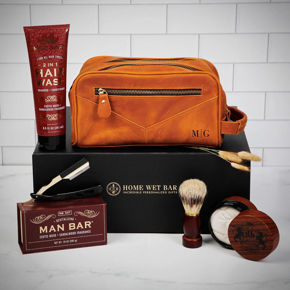 Luxury Men's Shaving Kit with Beckham Travel Toiletry Bag, Leather | HomeWetBar.com