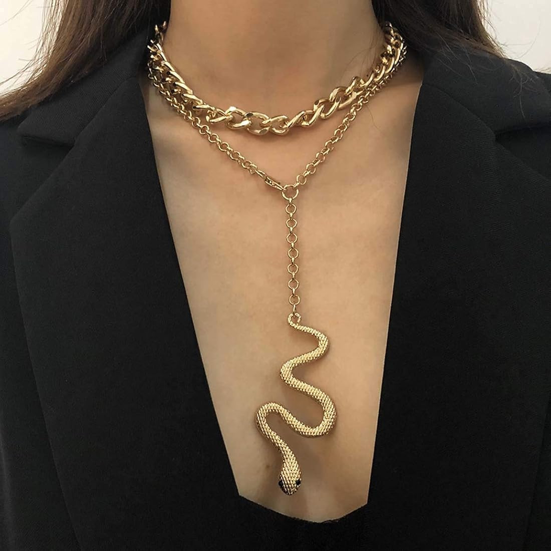 Ckecharfa Layered Snake Pendant Necklaces Gold Chunky Necklace Chain Jewelry for Women | Amazon (US)