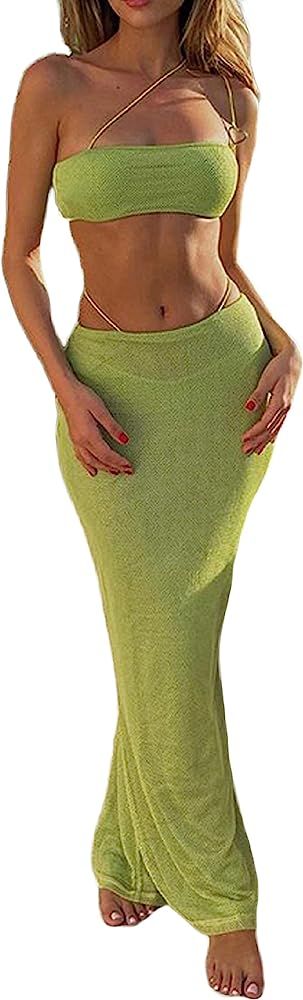 Women Hollow Out 2 Piece Skirt Set Y2K Halter Neck Backless Crop Camis Slim Fit Tube Tops Split M... | Amazon (US)