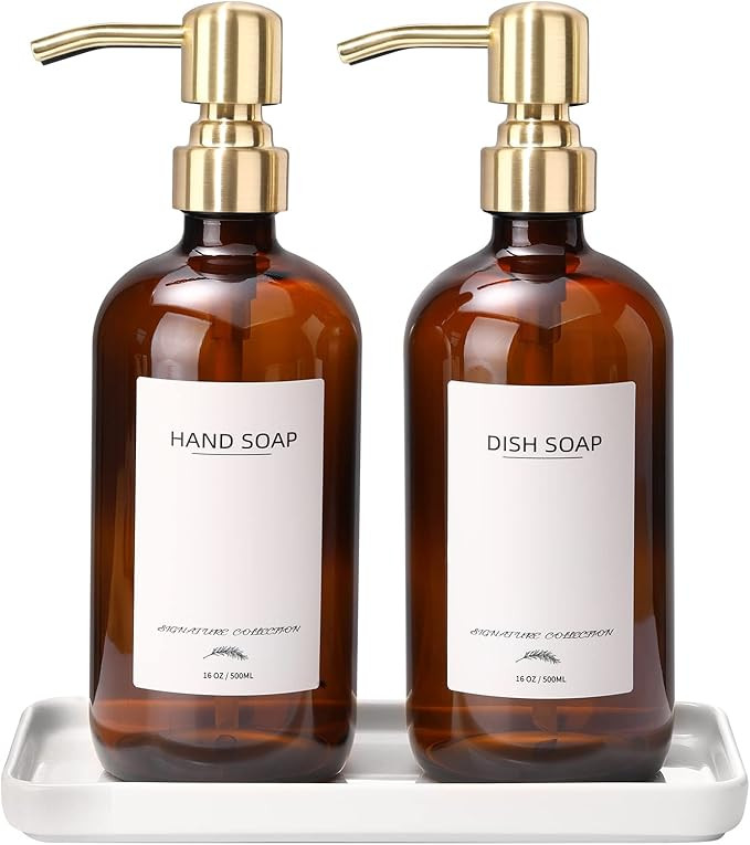 Glass Soap Dispenser with Ceramic Tray and Stainless Steel Pump, Kitchen Soap Dispenser Set with ... | Amazon (US)