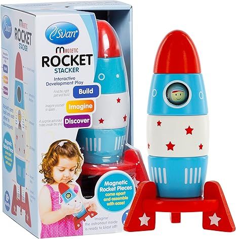 Wooden Stacker Toy Space Rocket - (6 Magnetic Stacking Pcs) Magnet Building Set with Surprise Ast... | Amazon (US)