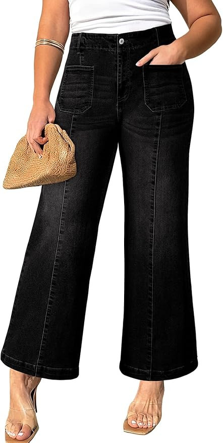 Eytino Women's Plus Size Wide Leg Jeans Elastic Waist Front Seam Stretchy Denim Pants with Pocket... | Amazon (US)