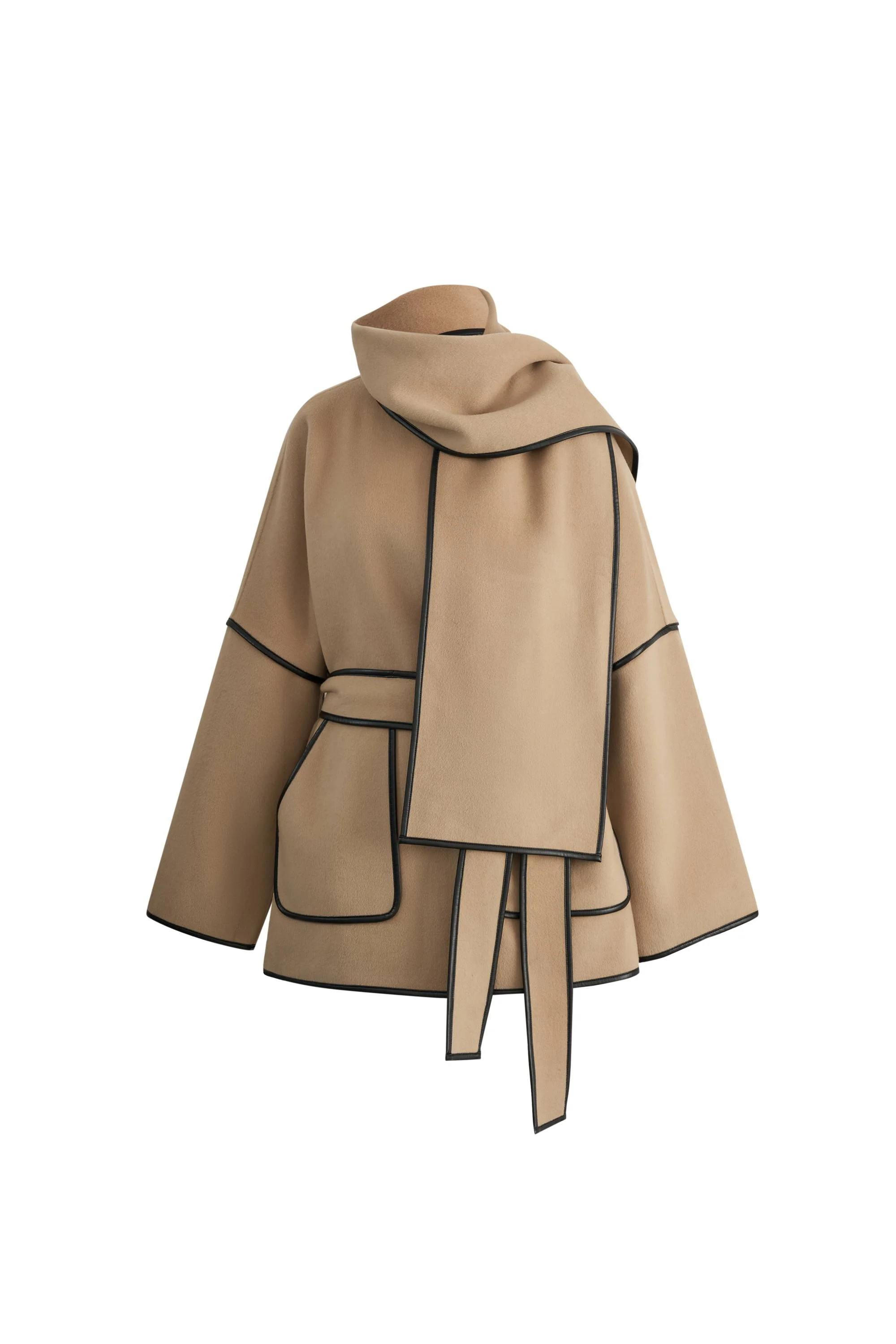 Lycoris Leather Trim Double Face Wool Coat in Merino Cashmere | Fabrique