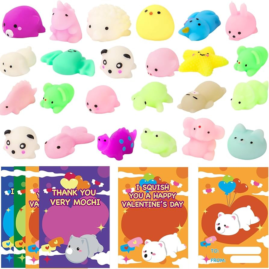 28 Pack Valentines Day Cards for Kids School Classroom - Cute Mochi Stress Relief Fidget Toys, Ki... | Amazon (US)