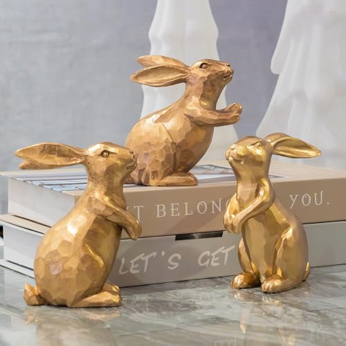 NEROSUN Resin Vintage Gold Bunny Decor Rabbit Figurines, Small Easter Bunny Figurine Set of 3, Vintage Easter Rabbit Statue Table for Home Decoration | Amazon (US)