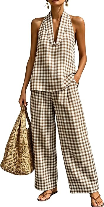 Women's Summer Gingham 2 Piece Set Halter Neck Sleeveless Top High Waist Pants Casual Cotton Outf... | Amazon (US)