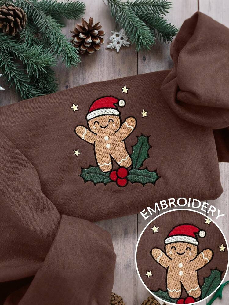 INAWLY Women's Christmas Gingerbread Man Embroidered Graphic Crew Neck Sweatshirt | SHEIN