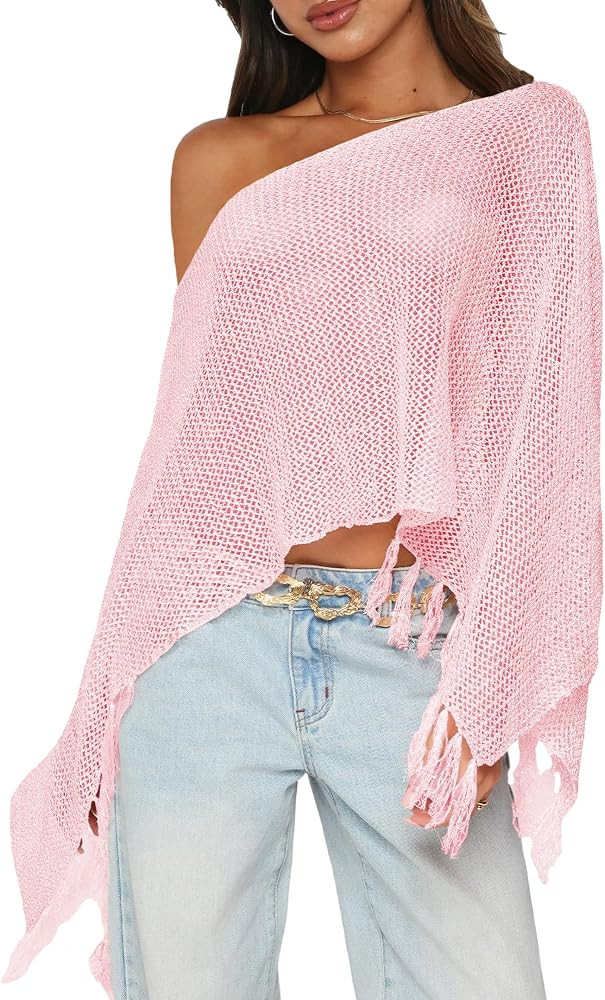 Womens Summer One Shoulder Knit Sheer Poncho Trendy Lightweight Boat Neck Fringe Pullover Sweater... | Amazon (US)