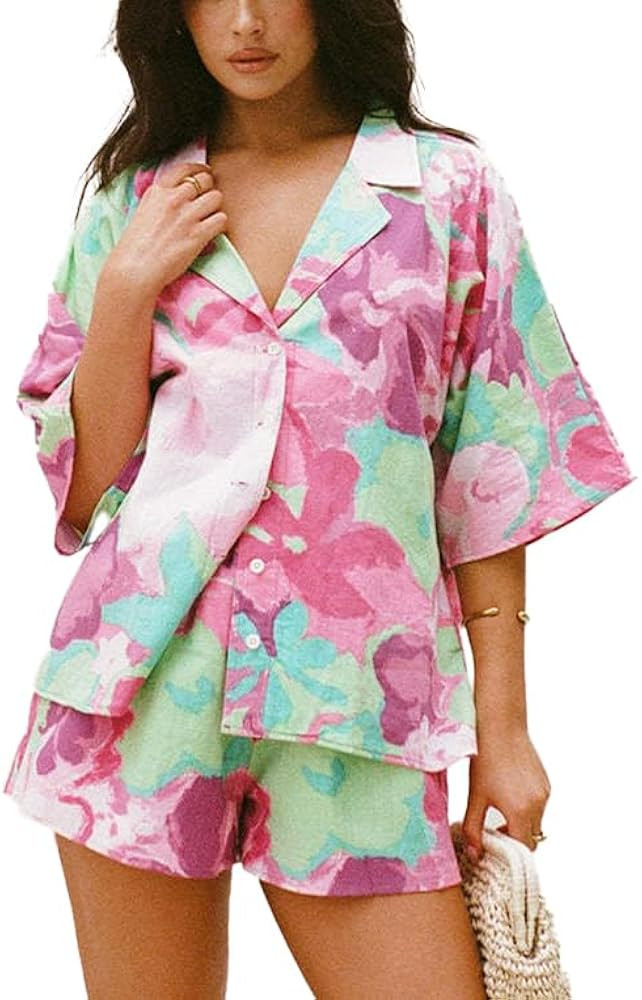 hathne Women's 2 Piece Summer Beach Outfits Vacation Casual Printed Short Sleeve Shorts Tracksuit... | Amazon (US)