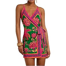 RoseSeek Women's Tropical Print Cami Dress Sleeveless Wrap V Neck Tie Knot Boho Short Dresses | Amazon (US)