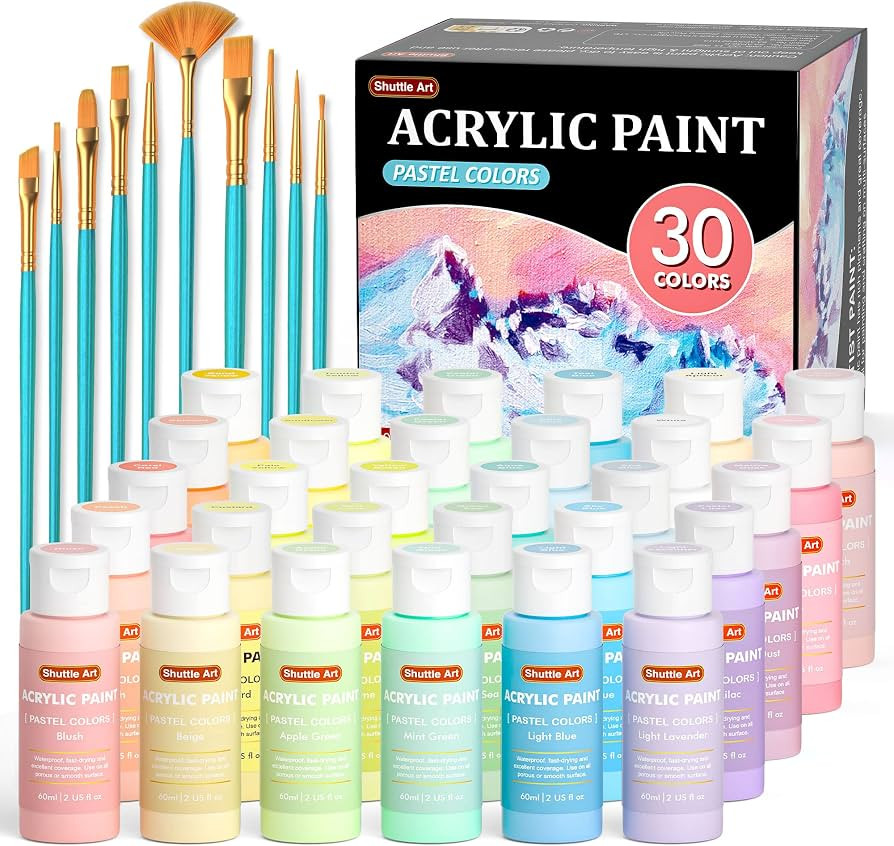 40 Pack Pastel Acrylic Paint Set, Shuttle Art 30 Colors, 60ml/2oz Bottles, High Viscosity, Water-... | Amazon (US)