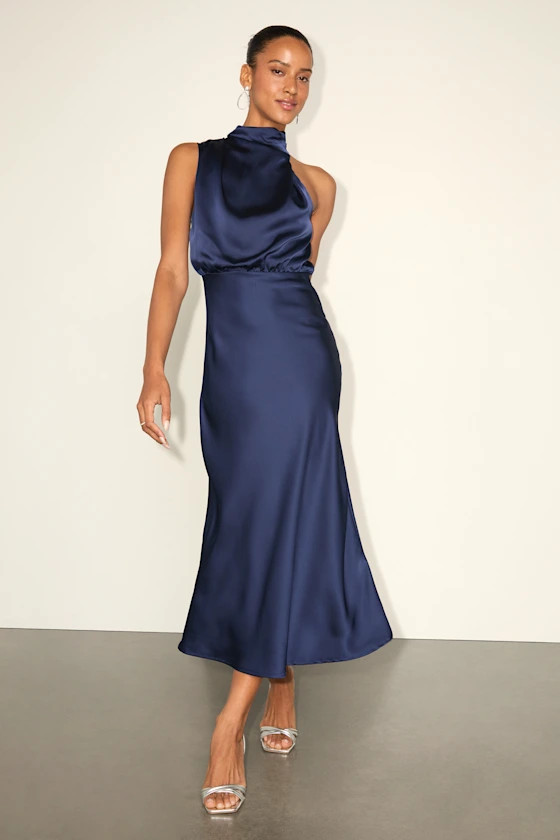 Distinctive Charm Navy Satin Asymmetrical Midi Dress | Lulus