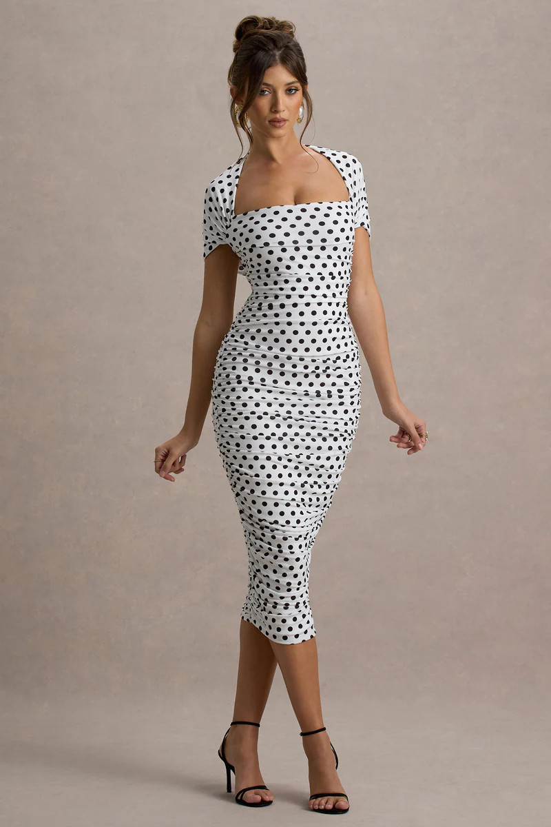 Paxos | White Polka Dot Ruched Short-Sleeve Midi Dress | Club L London