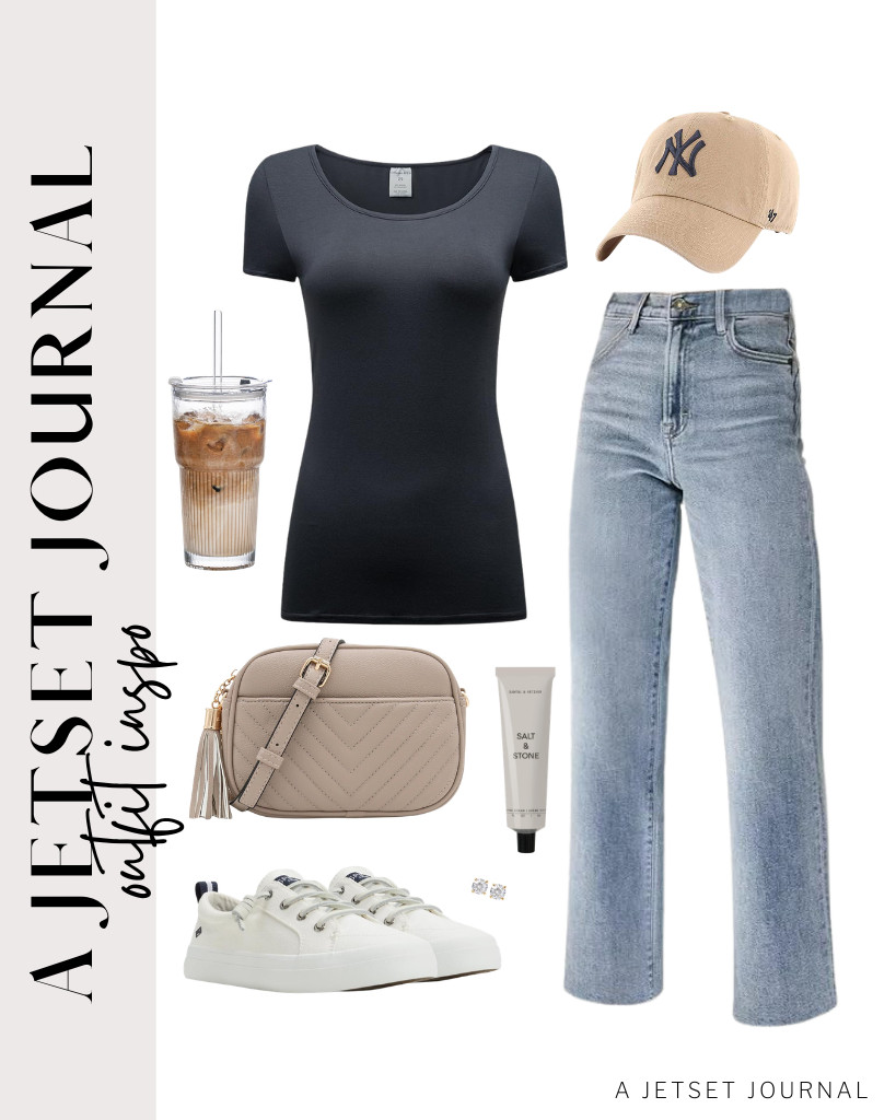 This adorable baseball cap features a smiley face detail that complements the chic outfit combination of a dark grey T-shirt, straight-leg jeans, and Sperry Crest Vibe Sneakers. This quilted crossbody bag will be a great addition to the outfit. 

 #LTKSeasonal #LTKSaleAlert #LTKTravel