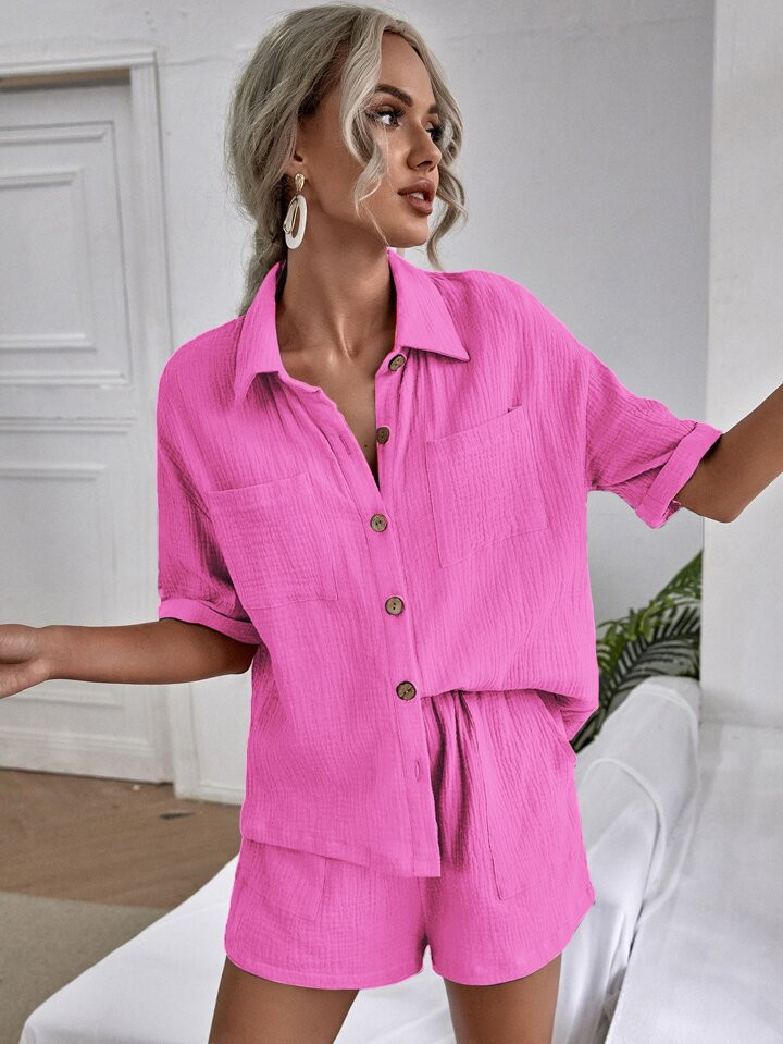 SHEIN LUNE Drop Shoulder Dual Pocket Shirt & Shorts | SHEIN