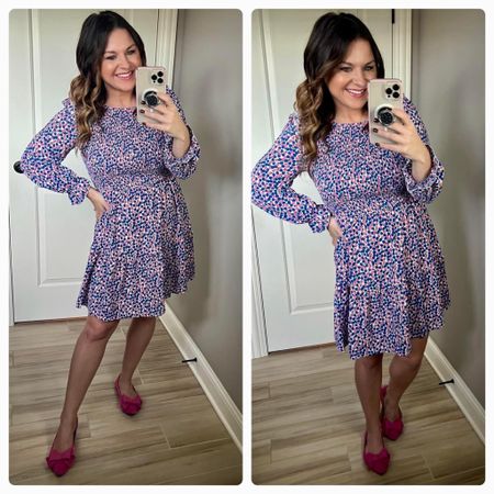 How cute my dress! I didn’t know when I bought it, but the floral looking design is actually little berries, which is so stinking cute! I love the colors of this one, but there are several other colors. I’m in a size medium and I’m 5’3”. This dress runs TTS or size up if in between. 

#LTKstyletip #LTKworkwear #LTKSeasonal