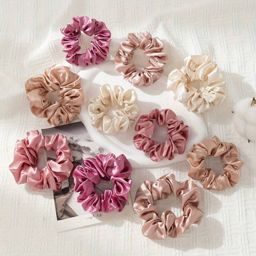 10pcs/Pack Pink Satin Hair Scrunchies - 5 Large & 5 Small Elegant Hair Ties For Women, Valentine'... | SHEIN