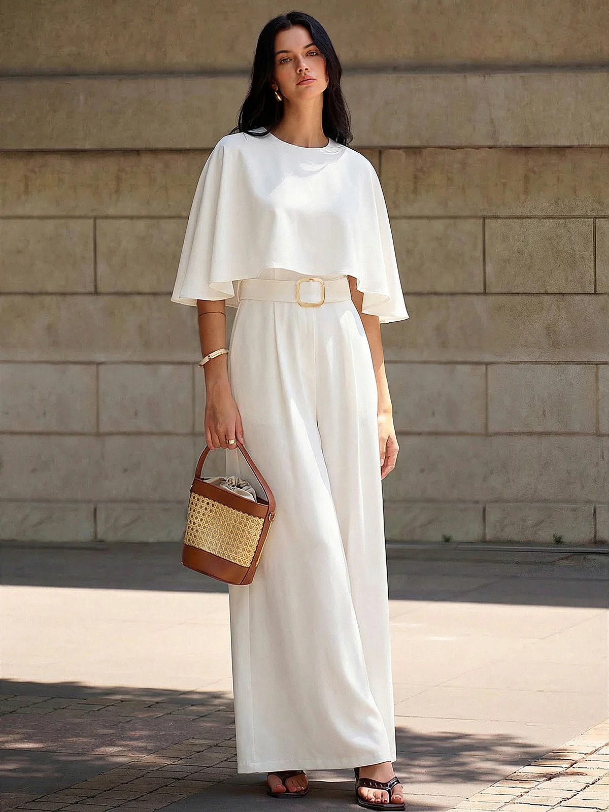 Cape-Sleeve Belted Wide-Leg Jumpsuit | Commense