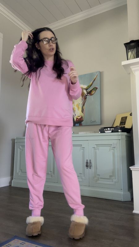 The perfect Barbie pink lounge set for spring! I love this color. Sizes up to a medium for the bump! The inside is fleece and feels amazing. Love the pockets and this can be worn as pajamas or even out and about! 

#LTKfindsunder50 #LTKSeasonal #LTKstyletip